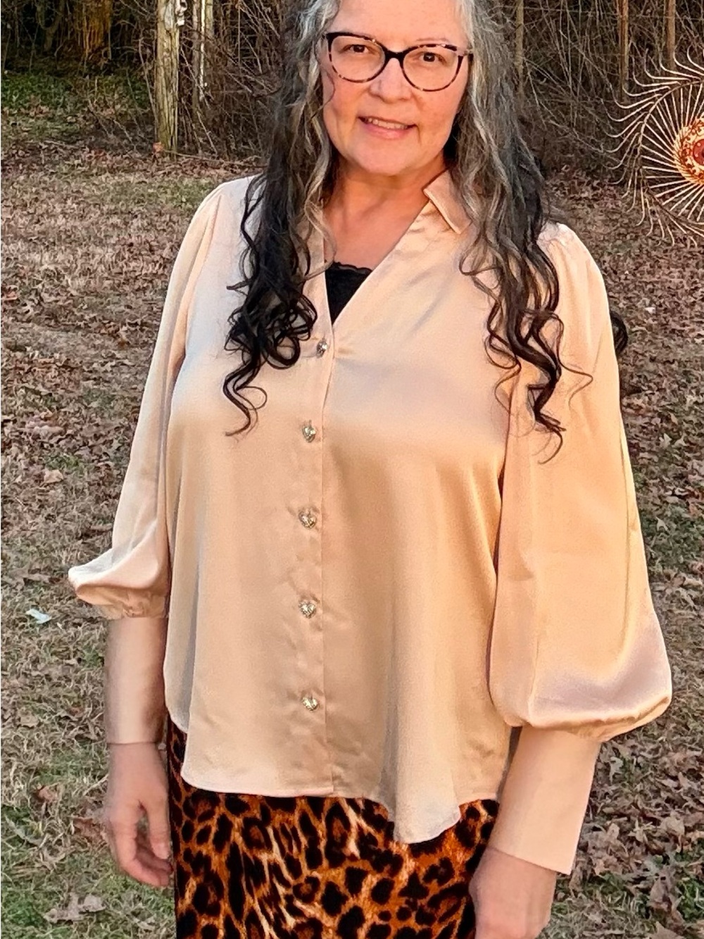 entro Champagne Beige Satin Button-Down Blouse